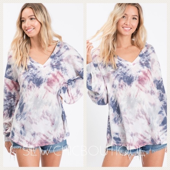 TIE Dye Waffle V-Neck Top with Balloon Slvs - Picture 1 of 6
